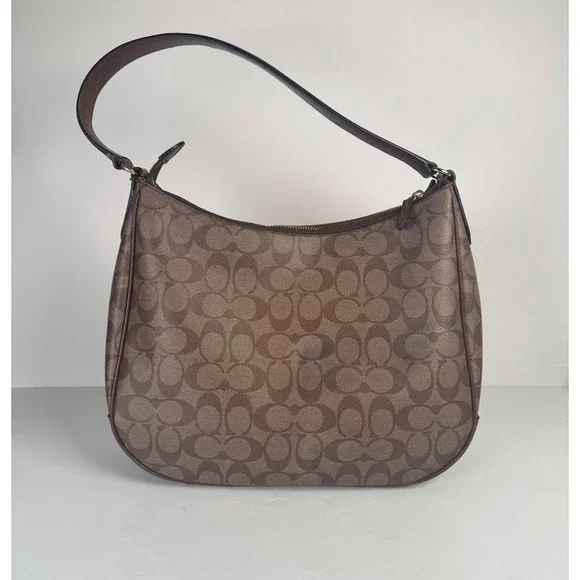 Coach Signature Khaki Canvas Tan Leather Shoulder Zip Hobo Monogram Purse F29209 - Picture 2 of 8